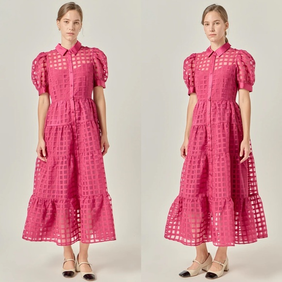 English factory Organza short sleeve button front midi dress - Picture 13 of 16